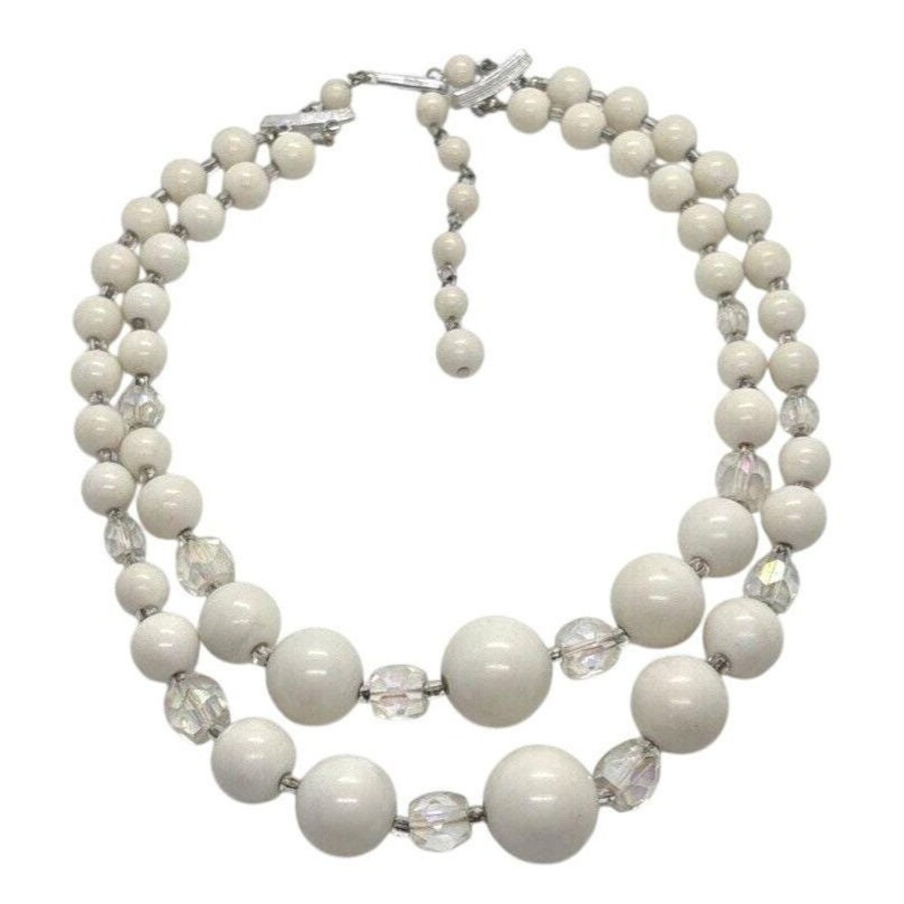 Vintage Japan White Beaded 2 Strand Graduated Bead 14 - 16'' Choker Necklace
